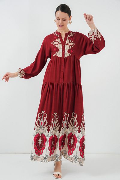 Bigdart 2423 Rochie Hijab Autentică cu Motiv - C. Roșu Claret
