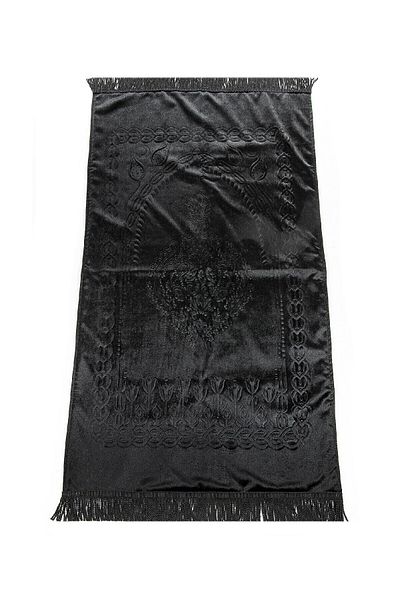 İhvan Black Thick Velvet - Gift Prayer Rug with Dowry and Sponge