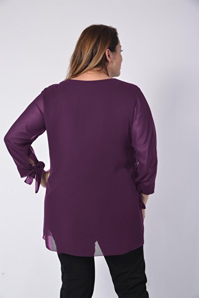 LİLAS XXL Plus Size Plum Colored Sequined Chiffon Blouse