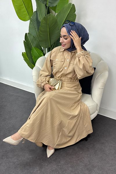 Tesettür Diyarı Women's Lizza Fabric Pocket Double Suit-Tan