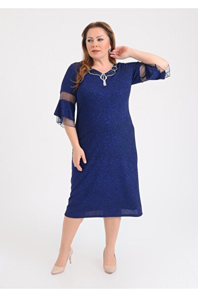 LİLAS XXL Büyük Beden Lacivert Renkli Likralı Simli V Yaka Abiye Elbise