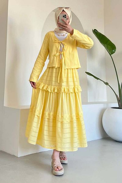 benguen Yellow Embroidered Skirt Suit 3012