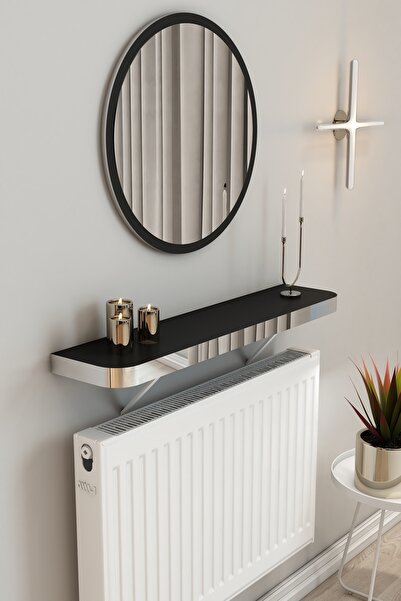 TALAŞTOZUM Siyah Gümüş Petek Üstü Uçan Raf & Dresuar Duvar Montajsız Kalın Kenar 60 Cm