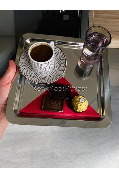 RENK YAPI RÜYASI Luxury Square Stainless Steel Silver 22X22 cm Coffee Serving & Plate