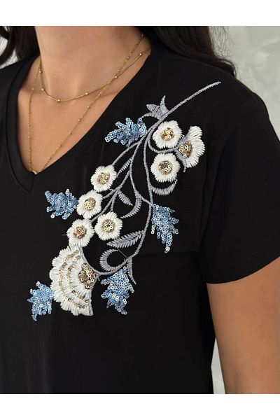 Birru Butik Women's V-Neck 100% Cotton Sequin Flower Embroidered T-Shirt
