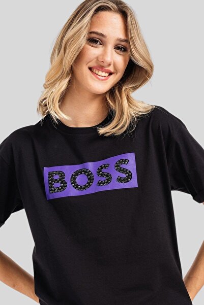Hugo Boss Logolu Pamuklu Kadın T-shirt Siyah