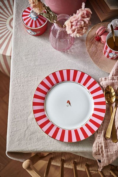 Pip Studio Porcelain plate, Pip Studio, Stripes Red, 26.5cm, Love Birds collection