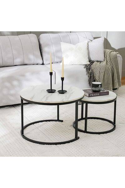 Danube Home طاولة قهوة سابين، قطعتان، الطول 70 سم × العرض 70 سم × الارتفاع 45.5 سم، 50 سم × 50 سم × 38.5 سم - أبيض