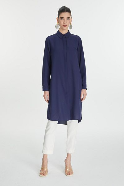 Zühre Hidden Button Detailed Tunic Navy Blue T-0767