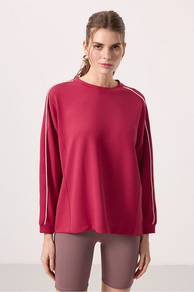 TOMMY LIFE Viva Red Soft Textured O Neck Oversize Women's Tunic Sweatshirt - 97303