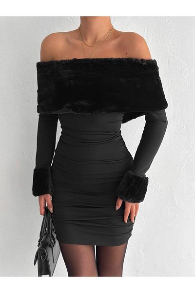 QUTTA Women's Black Madonna Collar Fur Detailed Dress