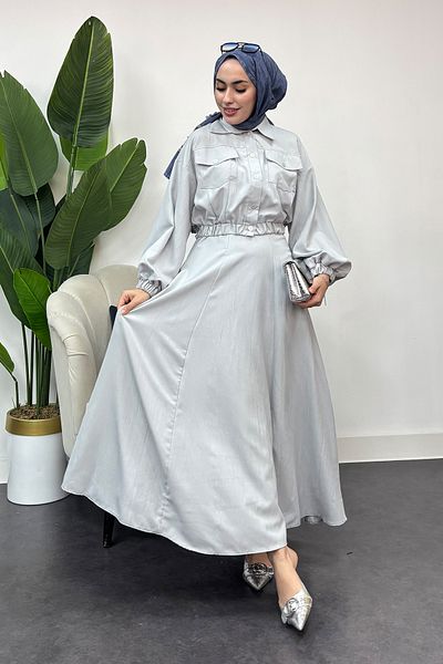 Tesettür Diyarı Gray Women's Lizza Fabric Double Set with Pockets