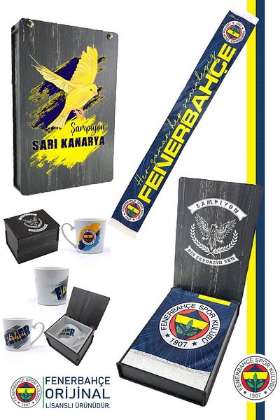 Fenerbahçe Γνήσιο Αδειοδοτημένο Always With You Σετ κεραμικής κούπας με σάλι καναρινό ξύλινο κουτί
