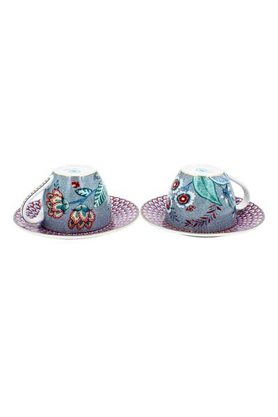 Pip Studio Set 2 căni cu farfurioare, Pip Studio, Light Blue, 120ml, colecția Flower Festival