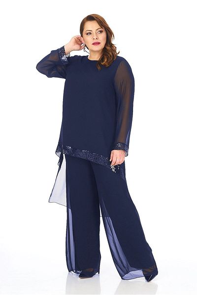 LİLAS XXL Set de bluză cu pantaloni de seară din șifon de culoare bleumarin de mărime mare