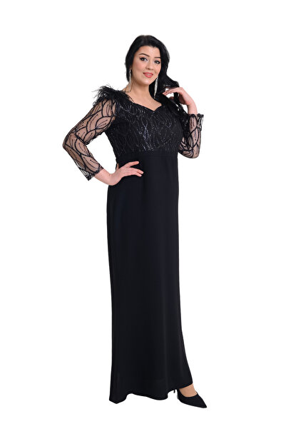 LİLAS XXL Plus Size Black Colored Long Evening Dress