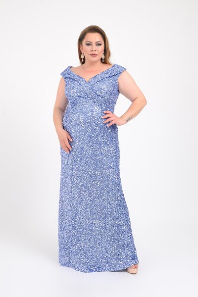 LİLAS XXL Büyük Beden Mavi Renkli Pul Payetli Uzun Abiye Elbise