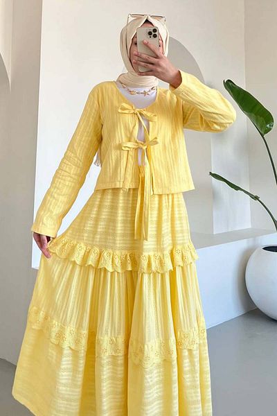 benguen Yellow Embroidered Skirt Suit 3012