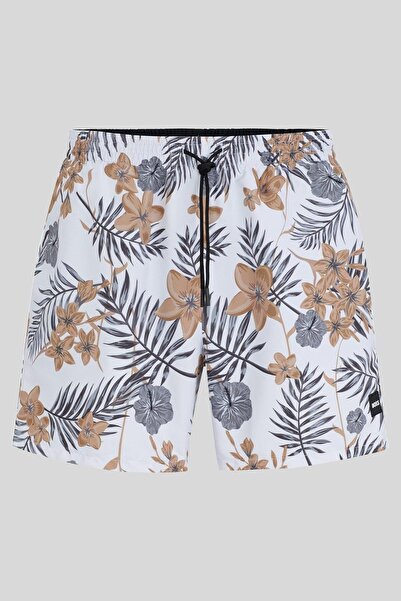 BOSS Desenli Erkek Deniz Şortu Beyaz