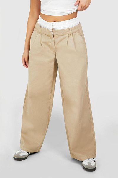 Şans Women's Large Size Beige Boxers with Wide Legs and Pockets Jeans 65N38827