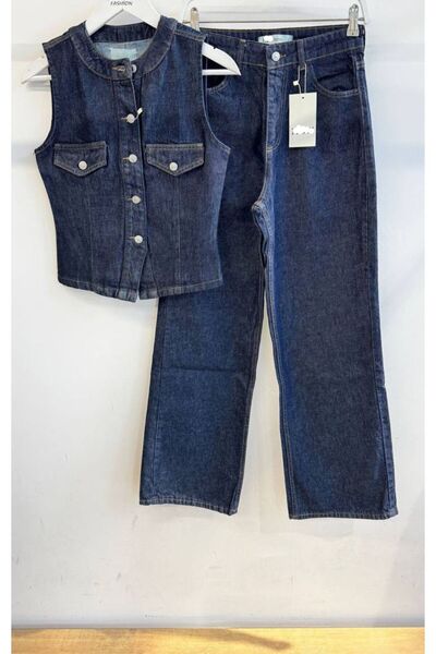 BYB Koyu lacivert denim yelek pantolon takım
