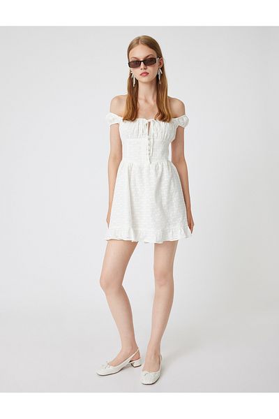 Koton Νέα σεζόν Mini Fishtail φόρεμα σε γραμμή Α με γιακά Madonna με κορδόνια με λεπτομέρεια με κουμπιά
