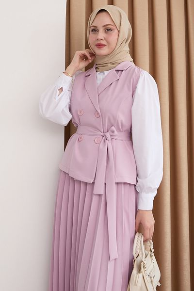 InStyle طقم أرجواني بياقة مزدوجة الصدر مع تنورة مطوية