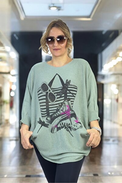 yagmurberen Bag with Patterned Boat Neck Pocket Oval Cut Oversized Italayn Mercerized Blouse Sweater