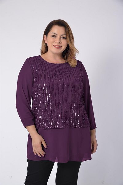 LİLAS XXL Plus Size Plum Colored Sequined Chiffon Blouse