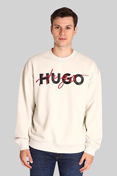 Hugo Boss Relaxed Fit Bisiklet Yaka Erkek Beyaz Sweatshirt Beyaz