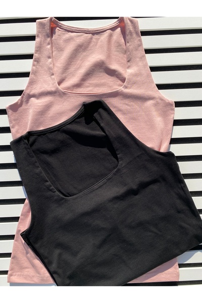 LEYNA BUTİK Τετράγωνο γιακά στήθος Διπλό Φαρδύ λουράκι 2 τεμαχίων σε σκόνη κα...