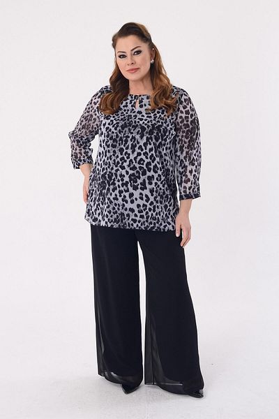 LİLAS XXL Plus Size Grey Colorful Leopard Print Chiffon Evening Dress Blouse