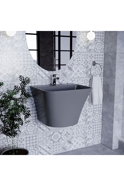 Saudi Ceramic MIRAGE WASH BASIN WITH 1 HOLE WALL HUNG ORYX MATT GREY-PC
