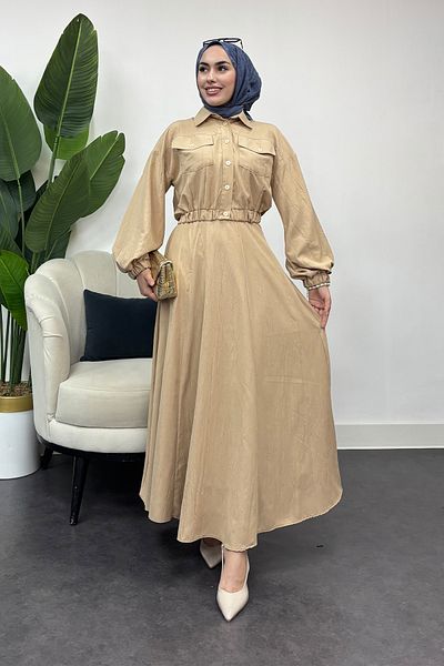 Tesettür Diyarı Women's Lizza Fabric Pocket Double Suit-Tan