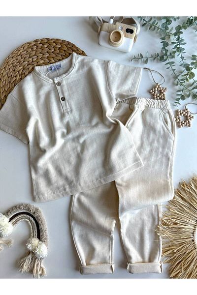 Tiny Boy's Cream Color Button Detailed Blouse and Trousers
