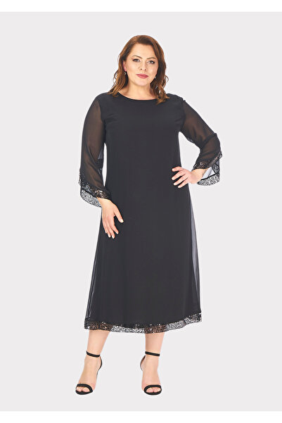 LİLAS XXL Büyük Beden Siyah Renkli Kısa Şifon Abiye Elbise