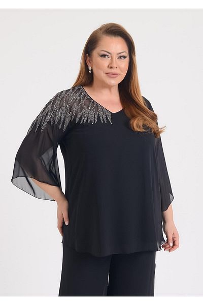 LİLAS XXL Bluză de rochie de seară de mărime mare din șifon negru cu decolteu în V