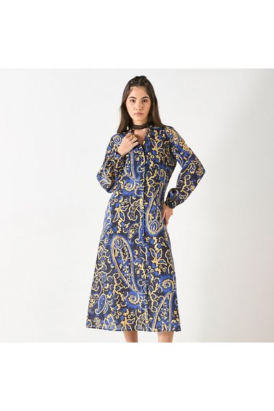 FAV All-Over Print Mandarin Collar Shirt Dress with Long Sleeves