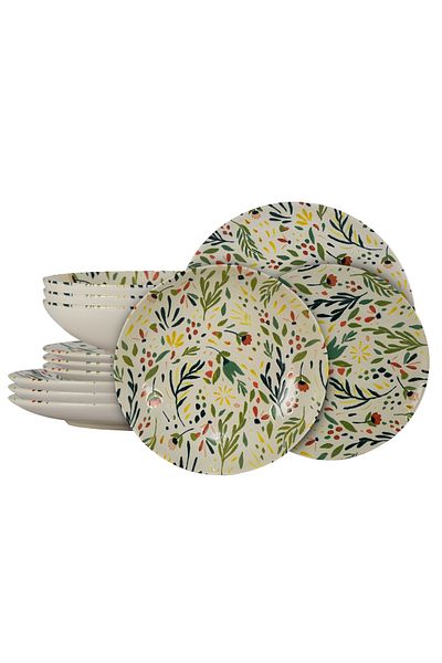 Cesiro 12-piece plate set, for 4 people, Vintage, Cesiro, White flower decoration