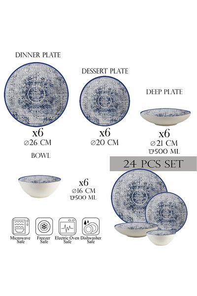 Cesiro 24-piece plate set, 6 people -Ensemble Elegante Azzurro - Italian Porcelain Dinnerware Set