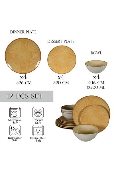 Cesiro 12-piece plate set, for 4 people, Sundown, Cesiro, Glossy Ivoire White with Yellow