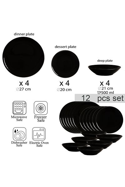 Cesiro 12-piece plate set, for 4 people, Abyss, Cesiro, Glossy Black