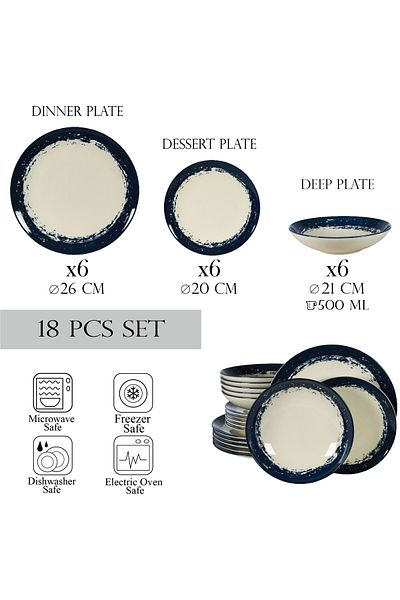 Cesiro 18-piece plate set, for 6 people, Maritim, Cesiro, Ivory White with Navy Blue