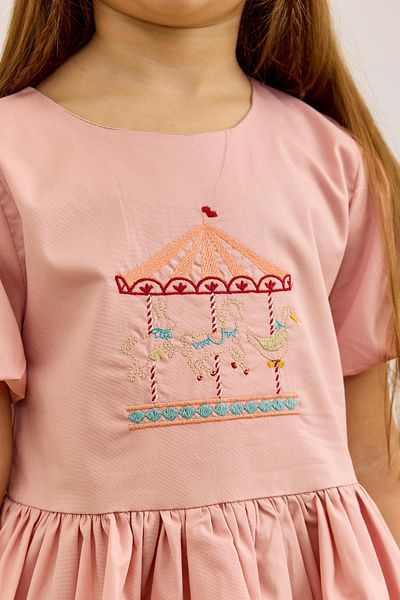 Fahhar Kids Pink Embroidered Detailed Balloon Dress