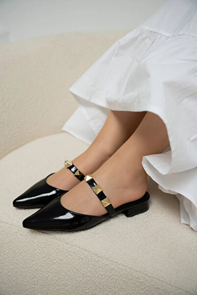 LAMİNTA Ricco Siyah Rugan Zımba Detaylı Kadın Terlik