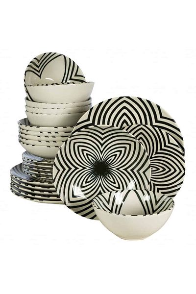 Cesiro 24-piece plate set, for 64 people, Hypnosis, Cesiro, Ivory White with black lines