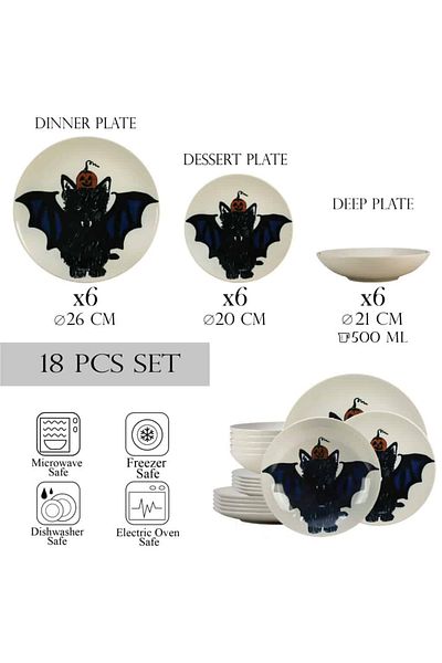 Cesiro 18-piece plate set, for 6 people, BatKitty, Cesiro, Ivory White with Cat