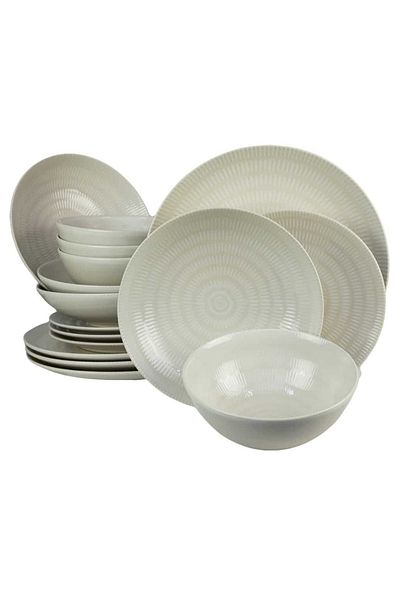 Cesiro 16-piece plate set, for 4 people, Ivory, Cesiro, White Ivoire with lines