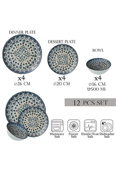 Cesiro 12-piece plate set, 4 people, bowl set-Ensemble Serenità Blu - Italian Porcelain Dinnerware Set