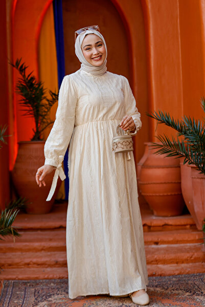 LOCCO Rochie jacquard cu mâneci pentru femei, crem